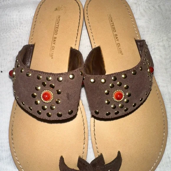 Montego Bay Club Brown and Red Embellished Sandals.     (#101) - Picture 2 of 4